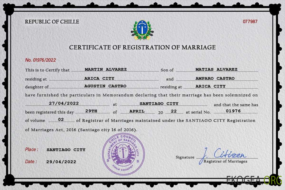 Modèle PSD de certificat de mariage au Chili